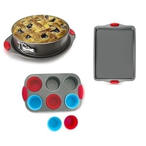 Boxiki Kitchen Premium Baking Combo Set: 10″ Nonstick Springform Pan, 11×14″ Baking & Cookie Sheet, Jumbo 6 Cup Muffin Pan with Silicone Handles