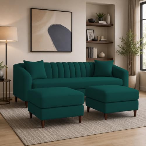 Image of Doraldo 3 Seater Sofa Set with 2 Ottoman for Living Room (Pine) Premium Fabric Sofa