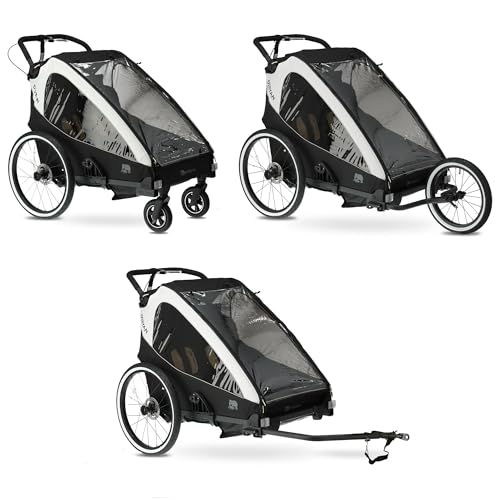 Deryan 2 en 1 Remolque de Bicicleta y Jogger para 2 niños, Carrito Infantil Multifuncional, Plegable, Suspensión, Barra de Empuje Ajustable, Cinturones de Seguridad, Reflectores, Gran Espacio, Crema