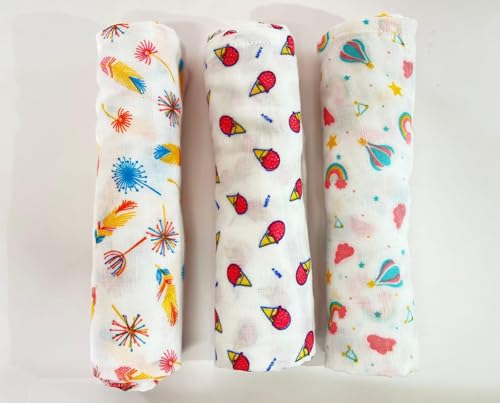 Image of Swaddle for Babies -100% Muslin Cotton Soft Swaddle /Blanket /Multipurpose Wrap for New Born Baby Girl & Boy | Perfect for Gifting | 100 x 100 cm | 0-6 Months, Set of 3, (Print 1)