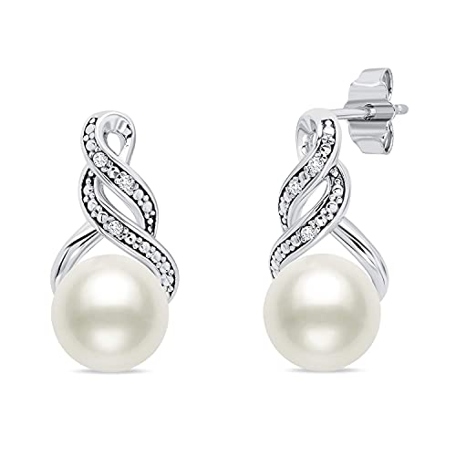 Max + Stone Sterling Silver Pearl Jewelry Set With Diamonds | Freshwater Pearl Earrings & Necklace For Women | Real Pearl Necklace And Earring Set | Silver Pearl Earrings And Necklace Set For Women #TOP3