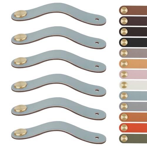LEREATI 6 Pack Leather Drawer Pulls 0 Inch Cabinet Handles with Screws Faux Leather Dresser Knobs for Cabinets, Drawers, Closet, Kitchen and Bathroom Furniture (Single Hole, Golden + Blue)