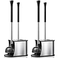 HAMITOR Toilet Plunger and Brush Set: 2 Pack 2 in 1 Stainless Steel Rustproof Combo with Curved Bristles - Heavy Duty Toilet Unclogging for Family Bathroom - Compact Apartment Cleaning Accessories