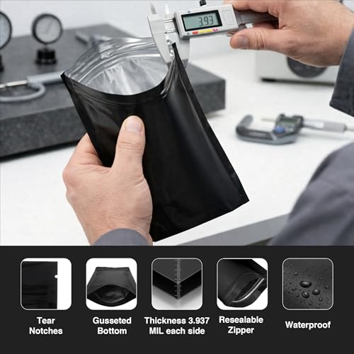 Image of BELLE KR 100pcs Black Mylar Bags with Gusseted Bottom - Extra Thick 3.937 Mil - 5 inchx8 inch Resealable Stand Up Mylar Ziplock Bags with Label Stickers