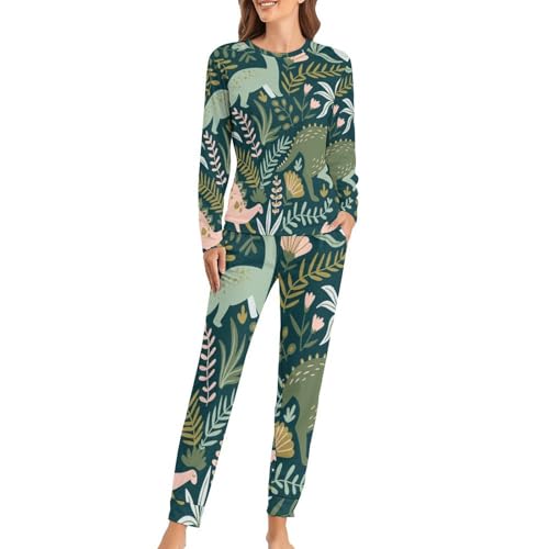 Pyjama femme dinosaures roses contre le froid nocturne avec manches longues et pantalon