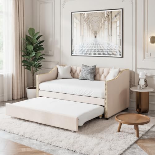 MISNODE Divano Letto Multifunzionale Estensibile 90/180 X 200 cm, Divano Allungabile a 2 Posti con Rete a Doghe, Letto Matrimoniale in Velluto, Beige, Nessun Materasso (Beige-B, 90/180 x 200 cm)