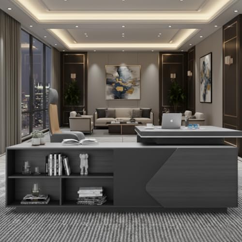 Image of Lakdi The Furniture Co Luxury Modern Executive Director Table with Side Storage, Cable Management, Premium Wood Finish - Corporate Office Desk - LDL-770