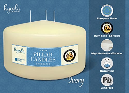 Hyoola Ivory Three Wick Large Candle - 6 X 3 Inch - Unscented Big Pillar Candles - 62 Hour - European Made #TOP2