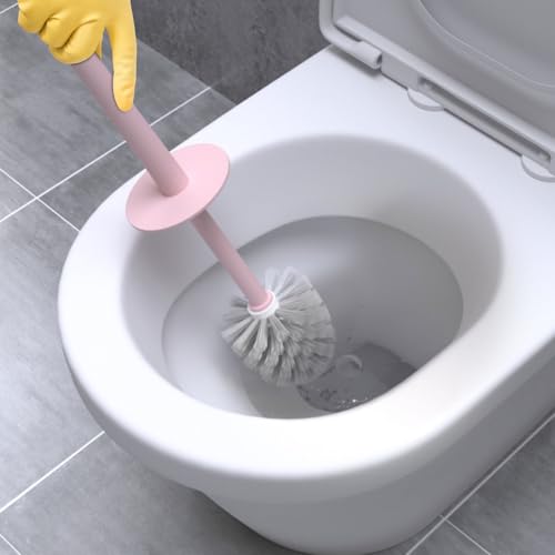 Image of Topsky 2 Pack Compact Toilet Brush & Holder Set, Plastic Round Barrel Loo Brush with 2 Replacement Toilet Brush Head, Durable for Bathroom Toilet, Pink