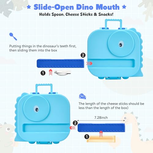 Image of Pawtong Bento Lunch Box with Thermo, 4-Compartment Bento Box with Adjustable Dividers, Leakproof Dinosaur Lunch Box with 14.2OZ Insulated Food Jar & Sauce Jar, for School Office Travel (Blue)
