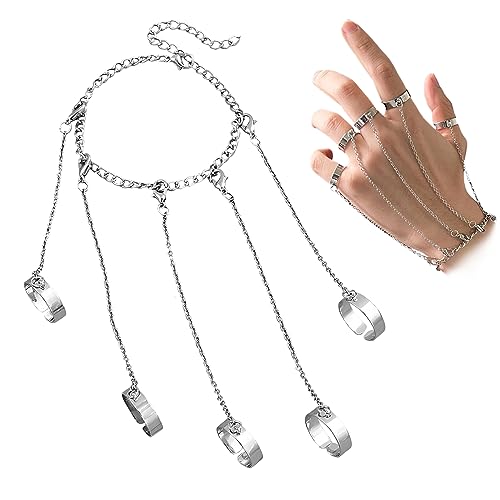 Snowtain Vintage Punk-Fingerring mit Kette Armband – Verstellbarer geschichteter Fingerring, silbernes Sklaven-Armband, für Damen und Herren, Quastenketten-Design