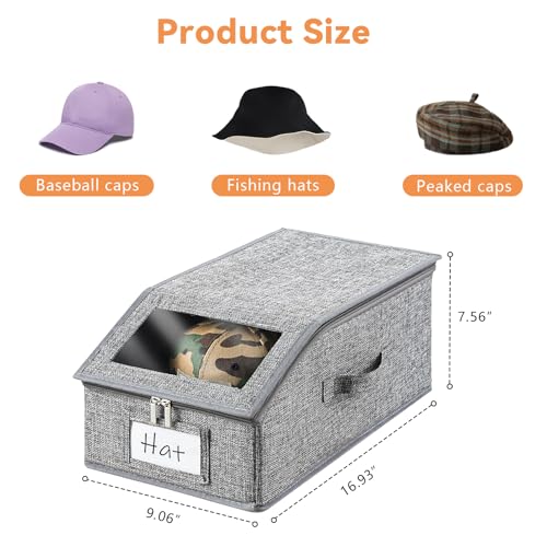 Euct Linen Hat Organizer for Baseball Caps, Hat Storage for Closet with Clear Window, Breathable Fabric Cap Box for Snacks, Socks, Stackable Hat Storage Organizer for Men/Women(4 Pack,Grey)