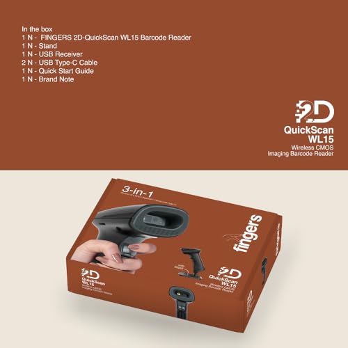 Image of FINGERS 2D-QuickScan WL15 Wireless Barcode Scanner with Stand (Quick Scan & CMOS Image Technology, Hands-Free, 1D & 2D Codes, 3-in-1 Connectivity - 2.4GHz, Bluetooth, USB-C & in-Built Memory)