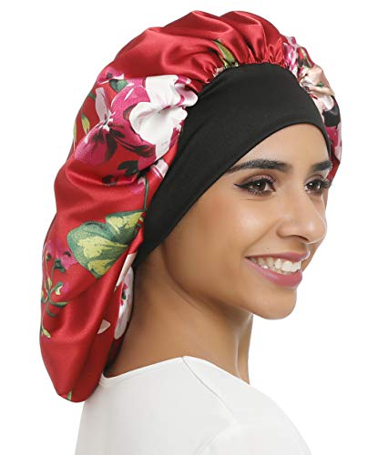 Large Satin Bonnet Double Layer Sleep cap Printing Sliky bonnet Wide Elastic Band for Women Haircare,Curly Natural Long Hair (Double layer-Red flower)
