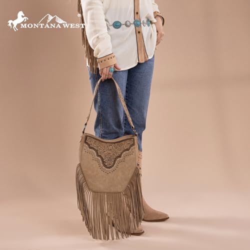 Image of Montana West Fringe Shoulder Bag for Women Western Tooled Hobo Tote Bag Purses