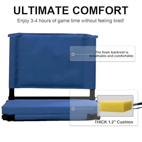 Image of Stadium Seats with Back Support for Bleachers, Folding Bleacher Chairs with Back and Cushion, Padded Seat with Shoulder Strap, Large Mesh Pocket & Carry Handle, Dark Blue, 2pcs