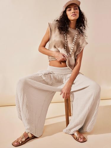 utcoco Womens Casual Baggy Harem Pants Pleated Stretchy Waist Loose Fit Lounge Pants Trouses with Pocket4