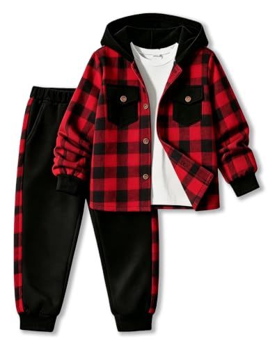 Image of Toddler Boy Clothes Plaid Hooded Shirt White T-shirt Top and Solid Color Pants 3Pcs Winter Boys Clothes