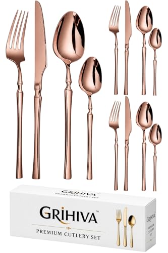 Image of 12 Pcs Rosegold Slim Handle Stainless Steel Cutlery Set for Dining Table with Spoons and Forks Set + Butterknives - The Perfect Tableware /Flatware