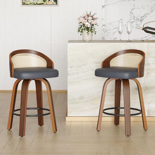 Havemies Modern Bar Stools with Rattan Back & PU Leather Seat - Set of 2 Swivel Stools, Mid Century Industrial Design Adds Textural Contrast to Kitchen Island (Black)