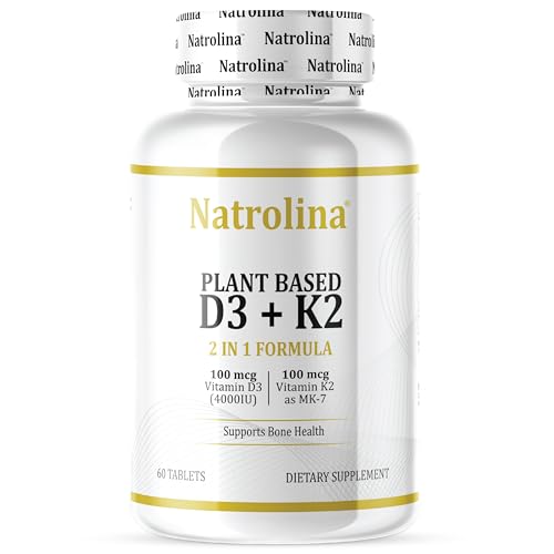 Natrolina Plant-Based Vitamin D3 + K2 Supplement - 60 Tablets | Enhances Immune Defense Cardiovascular and Brain Health | Strengthens Bone Density Muscle Function & Calcium Absorption | Non-GMO