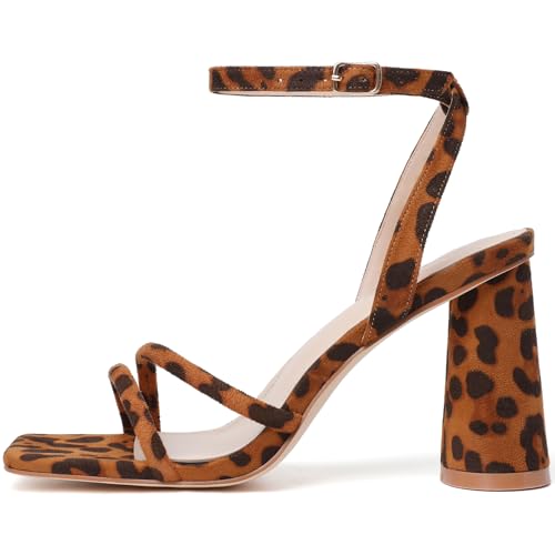 Image of RIBONGZ Block Heels Prom Heeled Sandals for Women Chunky Square Open Toe Strappy High Heels Ankle Strap Wedding Bridal Shoes High Heel Sandals for Party Dress