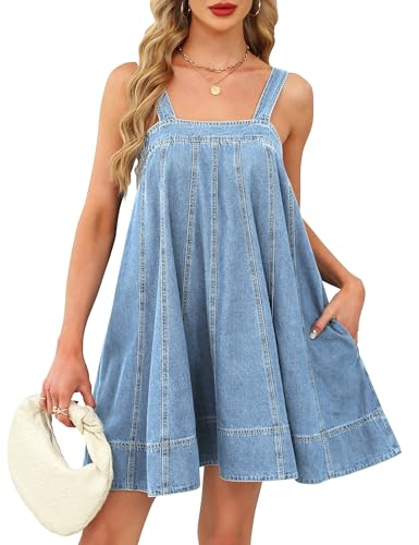 Denim Dress for Women Tie Shoulder with Straps Sleeveless Ruffle Hem Summer Casual mini Jean Dress with Pockets