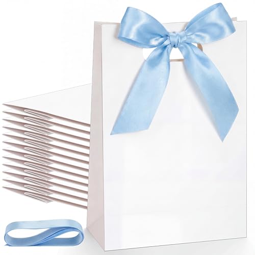 Aliceset 12 Pcs Bridesmaid Gift Bags with Handle Ribbon, White, Light Blue