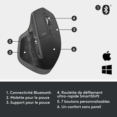 Logitech MX Master 2S Souris sans Fil édition Bluetooth, Multi-Surfaces, défilement Ultra-Rapide, Ergonomique, Rechargeable, se connecte à 3 Ordinateurs Mac/PC Maximum - Graphite