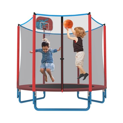 66'' Mini Trampoline for Kids with Enclosure & Basketball Hoop, 5.5FT No-Gap Toddler Trampoline for Indoor & Outdoor Use, 600LBS Capacity, Ideal Gift for Boys & Girls