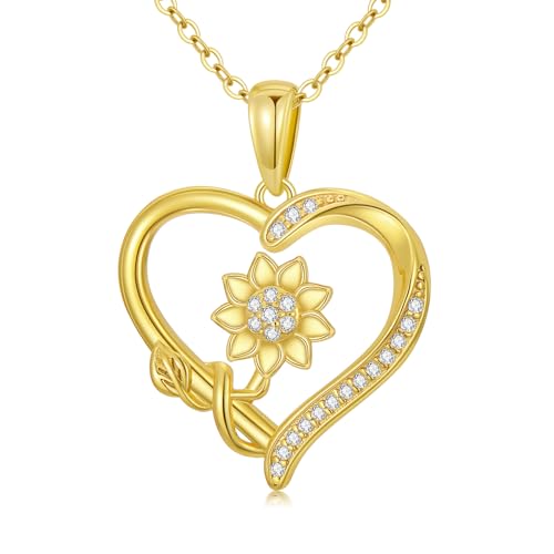 14K Solid Gold Rose Flower/Sunflower Necklaces for Women Flower Heart Pendant Necklace Love Sunshine Jewelry Anniversary Valentine's Day Birthday GiftS for Women Wife Girlfriend Her Mom