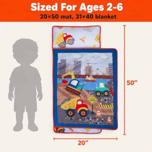 Image of EVERYDAY KIDS Toddler Nap Mat with Removable Pillow -Under Construction- Carry Handle with Fastening Straps Closure, Rollup Design, Soft Microfiber for Preschool, Daycare, Sleeping Bag -Ages 2-6 years
