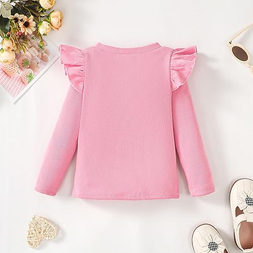 OPAWO Toddler Girl Shirts Ruffle Long Sleeve Baby Tee Tops, Ribbed Toddler Girl Blouse, Fall Baby Girl Clothes 2-Pack 12M-4T(Purle/Pink, 2T)