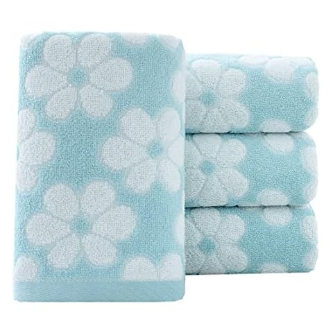 Pidada Hand Towels Set of 4 Floral Pattern 100% Cotton Soft Absorbent Decorative Towel for Bathroom 13.4 x 29.5 Inch (Blue) Cover