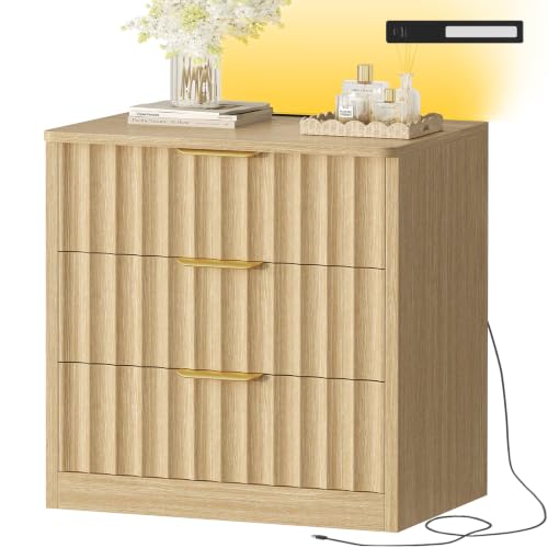 Image of TEENFON Fluted Night Stand with 3 Storage Drawers, Nightstand with Charging Station and LED Light, Bedside Table for Small Space, Bedroom, Natural