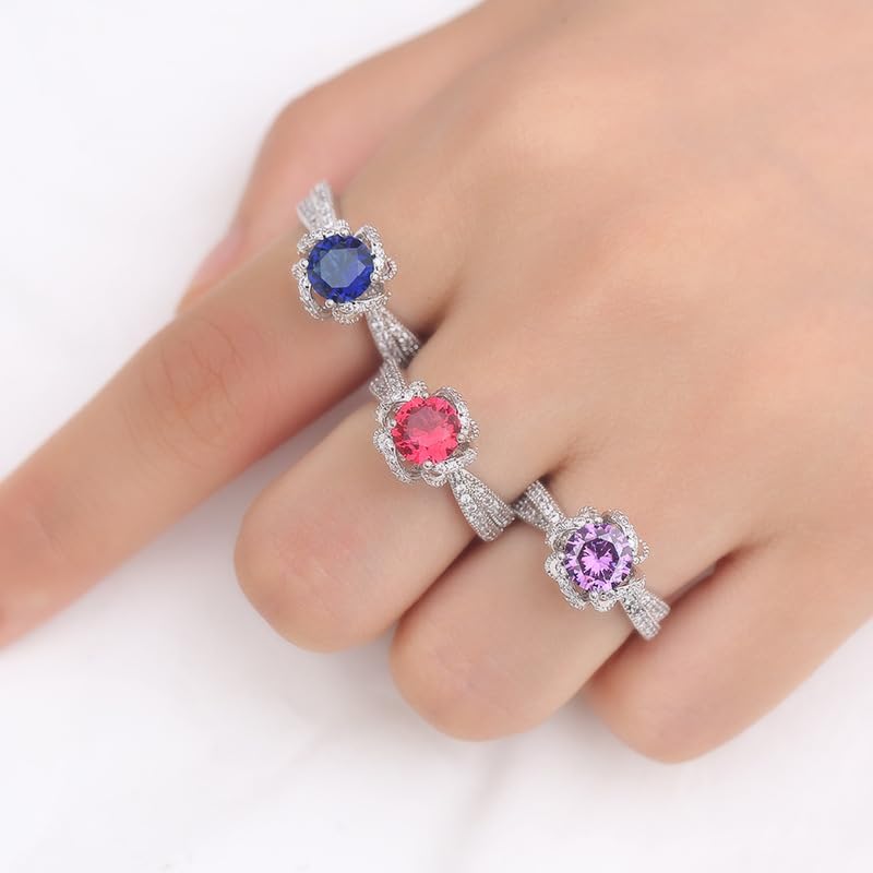 Emsione Vintage Silver Plated Ring Round Brilliant Created Sapphire Quartz Eternity Anniversary Wedding Engagement Party Ring for Women Men Size 10