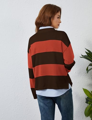 Image of Womens Striped Sweater Rugby Polo Shirts Y2k Collar Pullover Tops | Rugby Shirt,Long Sleeve Knit Top,Lapel V Neck Jumper,Oversized,Casual Outings Streetwear,Preppy Sweater,Fall Winter Clothes