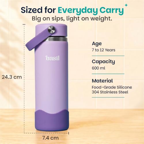 Image of Basil HydraRush Stainless Steel Insulated Kids Water Bottle for School, 600ml Leakproof Bottle with Carry Handle, Double Wall Vacuum Thermosteel Bottle for Sports, Travel & Outdoor Use | Classic Lilac