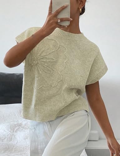 Image of Womens Casual Floral Flower Sweater Vest Crew Neck Sleeveless Summer Loose Ribbed Knit Pullover Tops