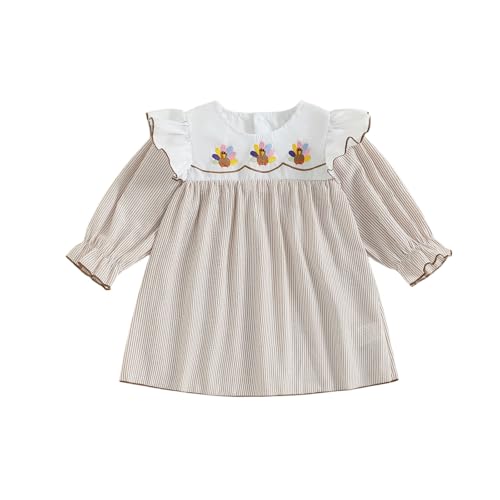 Little Kids Toddler Baby Girl Thanksgiving Dress Turkey Embroidery Long Sleeve Smocked Dress Plaid Fall Dresses