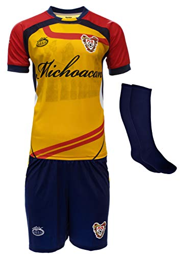 Michoacan Soccer Uniform Set, Jersey, Shorts and Socks, Short Sleeve, Red-Yellow-Navy, Made in Mexico (Yellow/Red, Large)