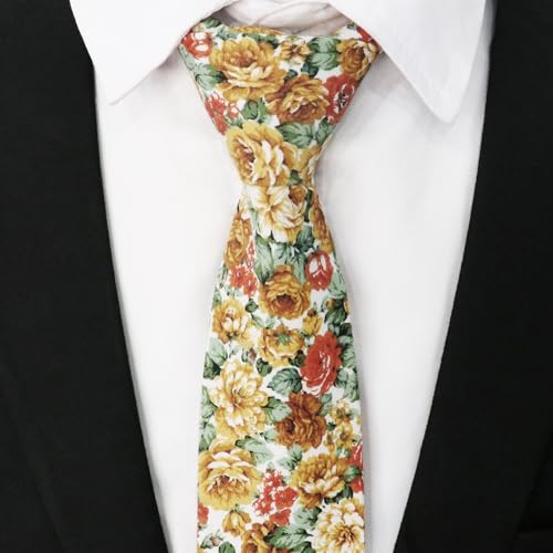 Image of Cotton Floral Ties for Men 2.76 inch Men's Skinny Tie Linen Flower Printed Neck Tie for Wedding Dating Party