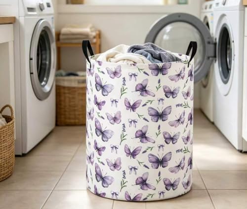 Image of Baby Laundry Basket Kids Hamper Toy Storage Bin for Boys Room Decor Baby Nursery Hamper Gift Baskets for Bedroom Bathroom(Lavender Butterfly)