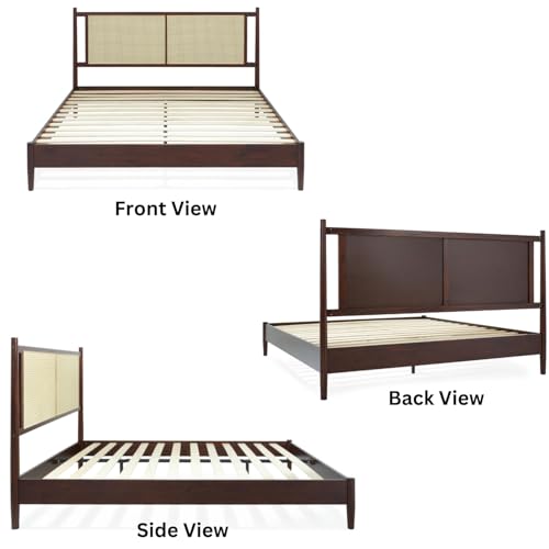 Image of Arman HANDICRAFTS King Size Wooden Bed with Rattan Cane Headboard | Solid Wood Platform Bed Frame with Slats | Mid-Century Modern Bed | No Box Spring Required | Easy Assembly | Brown Finish