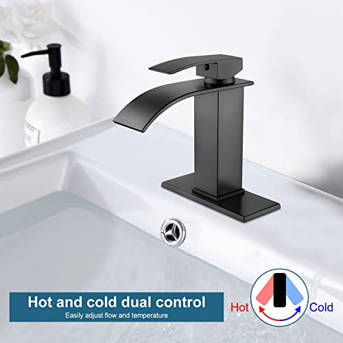 Midanya Matte Black Bathroom Sink Faucet Waterfall Spout Single Handle 1 Hole Deck Mount Mixer Tap Lavatory Vanity Sink Faucet Commercial With Deck Plate And Pop Up Drain #TOP4