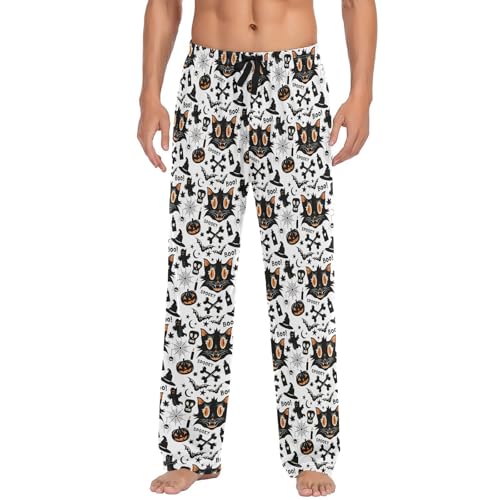 Men's Pajama Pants,Halloween Cat and Pumpkin Lounge Lightweight Sleep Bottoms Pants with Pockets Size S-XXL