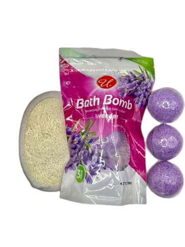 Lavender Bath Bombs 3 Pack with Exfoliating Sponge, Relaxing Aromatherapy Fizz for Men and...