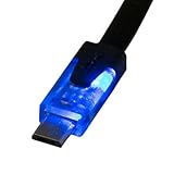 6.5 ft LED Light Up Flat Micro USB Cable - LED turns OFF when plugged in - Extra Long 2 meter Cable - Universal Charging and Data Sync Cord with Flat Tangle Free Noodle Ribbon style, Blue LED Lighted Head Cable for Android/Windows Smartphones and Tablets (Samsung, Motorola, Microsoft, Nokia, HTC, Droid, Blackberry, ASUS, Google, Acer, HP, Galaxy) (Black 2 meter)