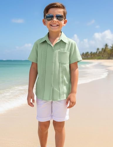 Image of Boys Guayabera Shirt Short Sleeve Button Down Casual Linen Shirt with Pockets for Summer Hawaiian Holiday 4-13Y