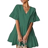 WHZXYDN Damen Einfarbig V-Ausschnitt Kurzarm Pullover Plissee Kleid